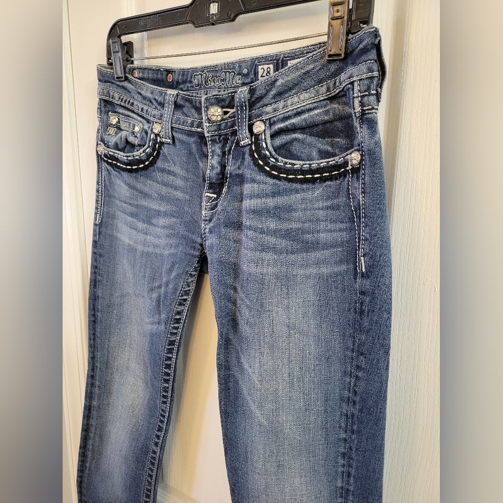 Miss Me Low Rise Crystal Embellished Skinny Jeans Size 28 Dark Wash JE5351S5R - Picture 4 of 12